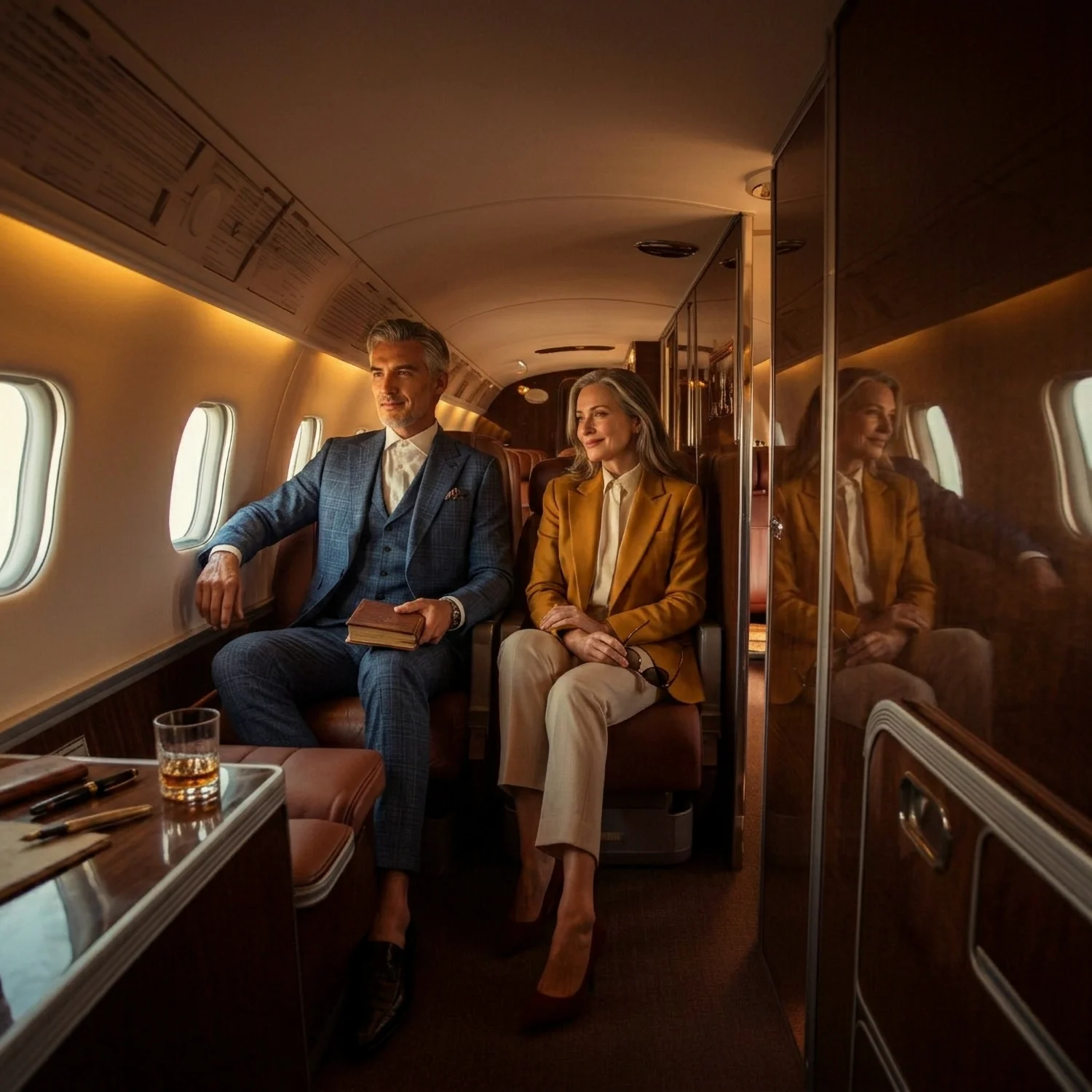 Distinguished couple aboard a private jet — the TUX experience